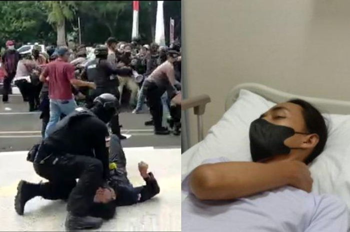 (Kiri) Kejadian polisi membanting mahasiswa saat demo di Tangerang, Rabu (13/10/2021), (Kanan) Kondisi mahasiswa bernama Fariz usai dibanting polisi.