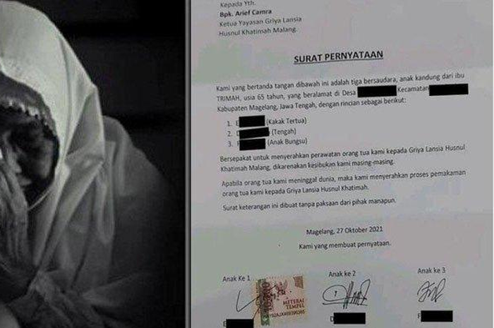 Viral surat pernyataan anak kirim ibu ke yayasan lansia mengaku tak bisa mengurus karena sibuk 