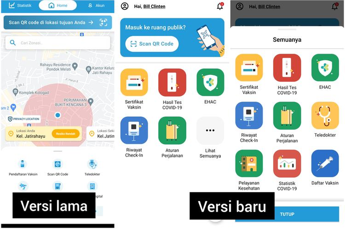 Perbandingan tampilan antarmuka (UI) versi lama dan baru di aplikasi PeduliLindungi.