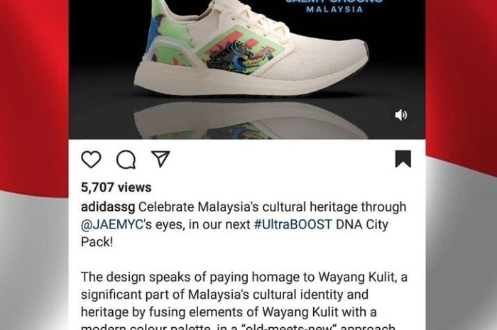 Postingan AdidasSG tentang peluncuran sepatu  UltraBOOST DNA City Pack yang menyebutkan bahwa Wayang Kulit adalah budaya Malaysia.