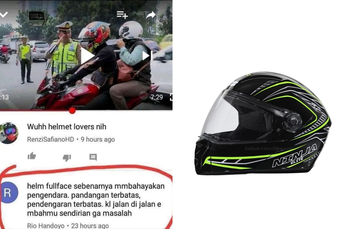 Ilustrasi helm full face beserta komentar yang menyebut helm full face berbahaya.