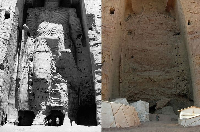 Patung Buddha Bamiyan sebelum dan sesudah dihancurkan oleh Taliban.