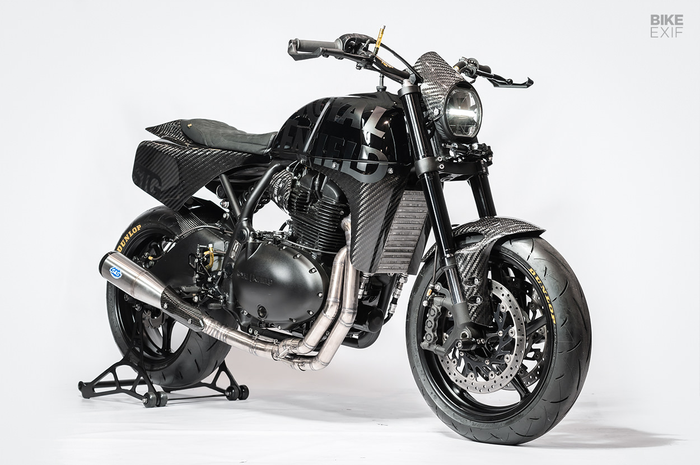 Modifikasi Royal Enfield GT 650 kena modifikasi berkonsep tracker, bodi berlapis full carbon.