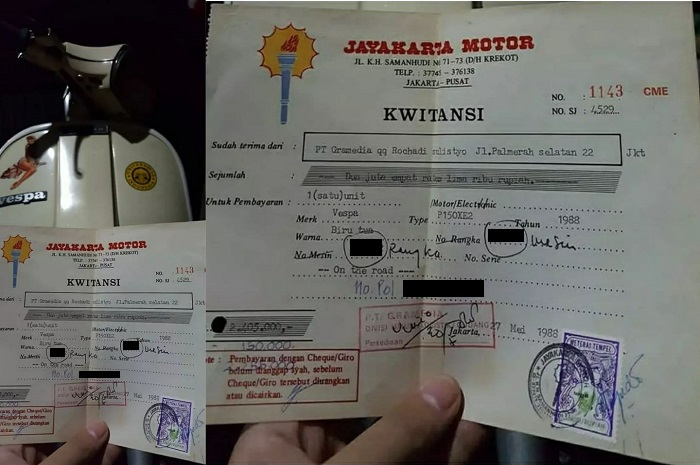 Muncul kwitansi pembelian motor Vespa PX Exclusive 2 tahun 1988, ternyata harganya cuma segini bro.
