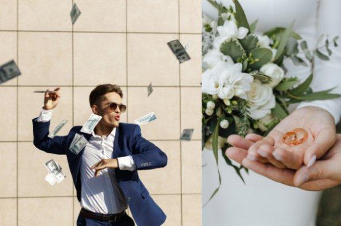 Ilustrasi pengantin dan pria yang banyak uang.