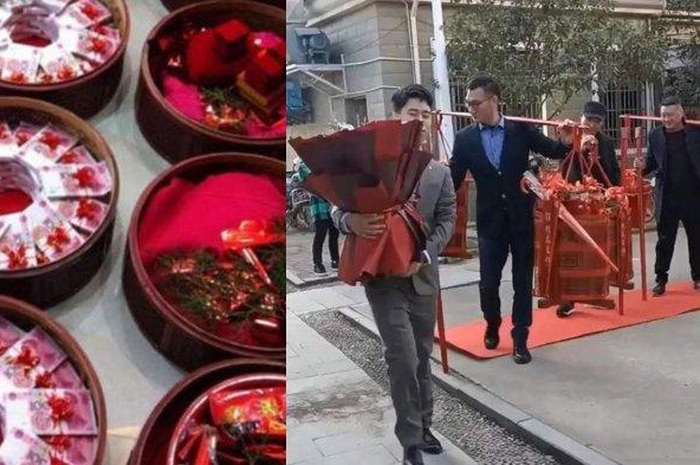 Iring-iringan pengantin bawa banyak kotak seserahan.