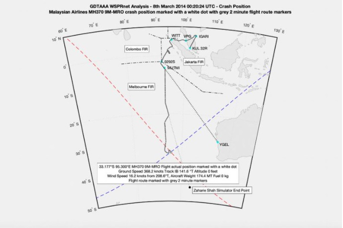Lokasi jatuhnya pesawat MH370 berdasarkan analisis Richard Godfrey.