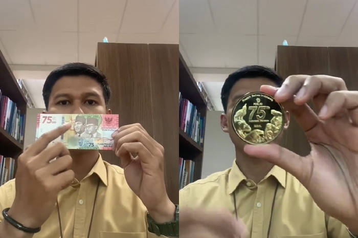 Uang koin 75 (kanan) dan uang kertas Rp 75 ribu (kanan).