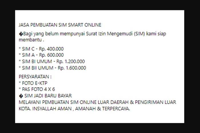 Jasa pembuatan SIM Online langsung jadi dengan tarif Rp 1 jutaan yang tengah viral