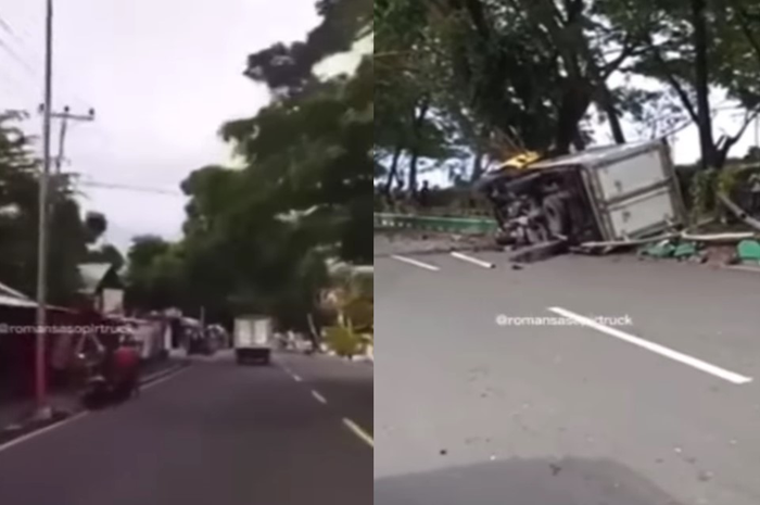 Terlihat truk dibajak ODGJ melaju hingga menabrak beberapa motor di depannya.