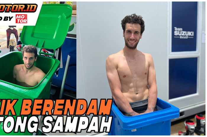 Kelakuan unik Alex Rins berendam di tong sampah akibat  cuaca panas di Sirkuit Mandalika.