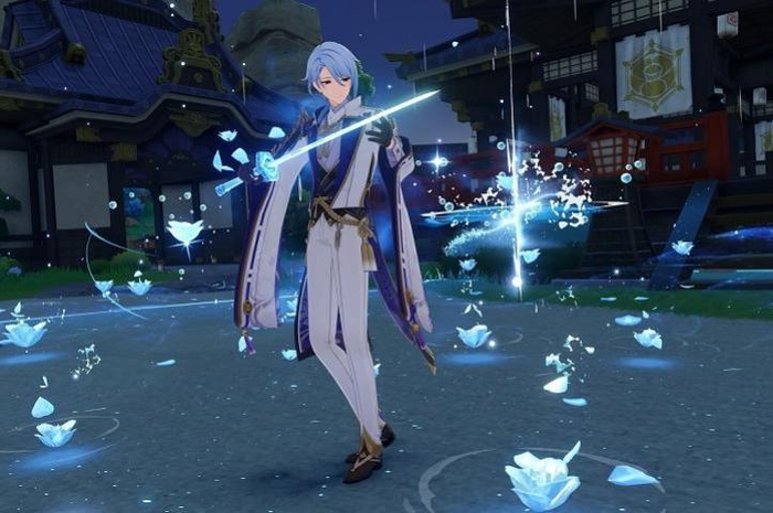 Kamisato Ayato dengan senjata pedang dan Vision Hydro yang dimilikinya
