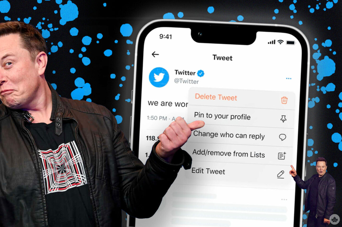 Ilustrasi Elon Musk dan tombol edit tweet di Twitter
