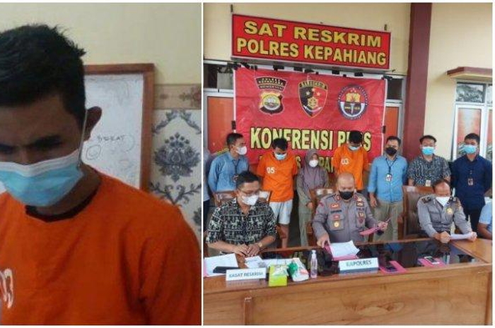 (KIRI) Tersangka AN (27), pacar dari EC wanita muda yang tewas setelah upaya aborsi (KANAN) Polisi saat merilis kasus aborsi yang melibatkan 3 orang tersangka. 
