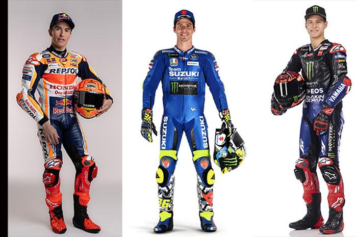 Ada 3 pembalap juara dunia di MotoGP 2022, Marc Marquez (kiri) dengan titel 6 kali juara dunia, Joan Miri (tengah) juara dunia MotoGP 2020 dan Fabio Quartararo (kanan) juara dunia MotoGP 2021
