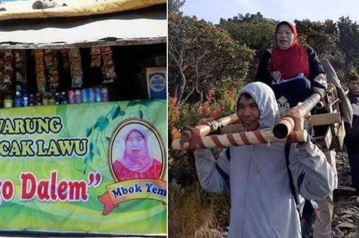 Mbok Yem ditandu turun dari puncak Gunung Lawu demi lebaran bersama keluarga.