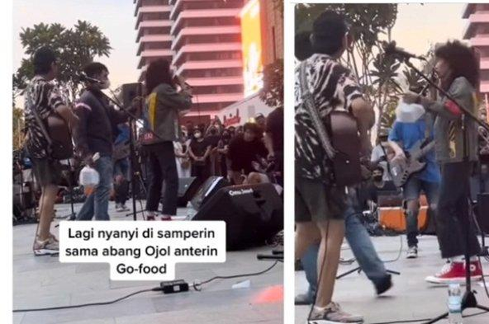Seorang vokalis band mendadak dikejutkan abang ojol yang tiba-tiba mendatanginya saat sedang manggung.