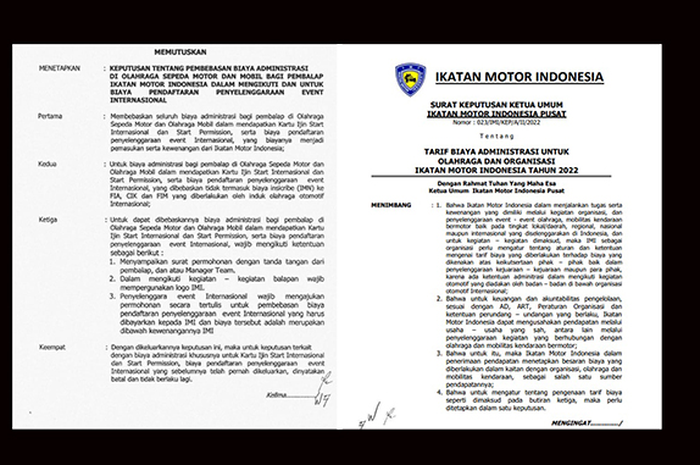 2 Surat Keputusan PP IMI yang berbeda soal start permission, tidak bayar alias graits (kiri) dan ada tarif bikin start permission (kanan) bagi pembalap Indonesia balapan di luar negeri