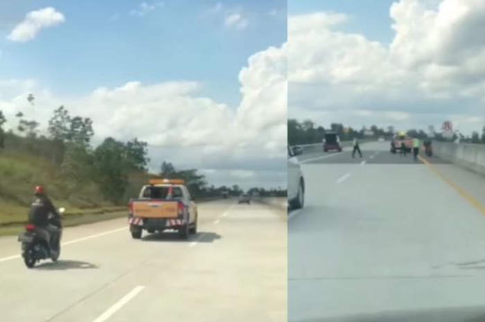 Beredar di media sosial video yang merekam aksi kejar-kejaran antara petugas tol dengan oknum pengendara sepeda motor. 
