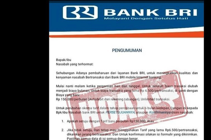 Penipuan M-Banking BRI berupa kenaikan biaya transaksi bank BRI