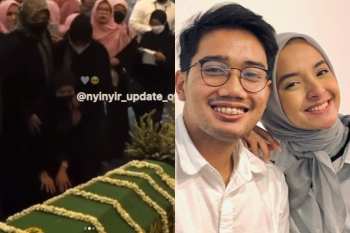 Kolase Foto Nabila Ishma di depan peti Jenazah Anak Ridwan Kamil. 