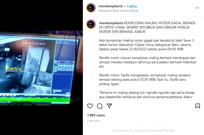 Aksi pencurian sepeda motor itu akhirnya dapat digagalkan. Ketua RT 007, Ahmad Fanani menjelaskan, aksi pencurian sepera motor terjadi pada Selasa