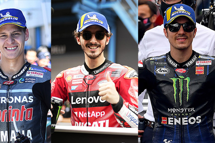Francesco Bagnaia pole position MotoGP Belanda 2022 gak bakal jadi juara senasib dengan Fabio Quartararo (kiri) pole position MotoGP Belanda 2019 dan Maverick Vinales (kanan) pole position MotoGP Belanda 2021 