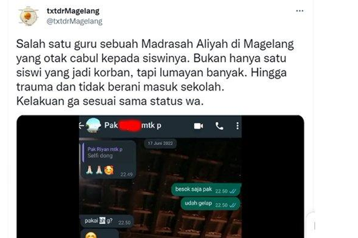Tangkap layar video berisi chat tak senonoh yang dikirim oleh guru madrasah di Magelang kepada siswinya. 