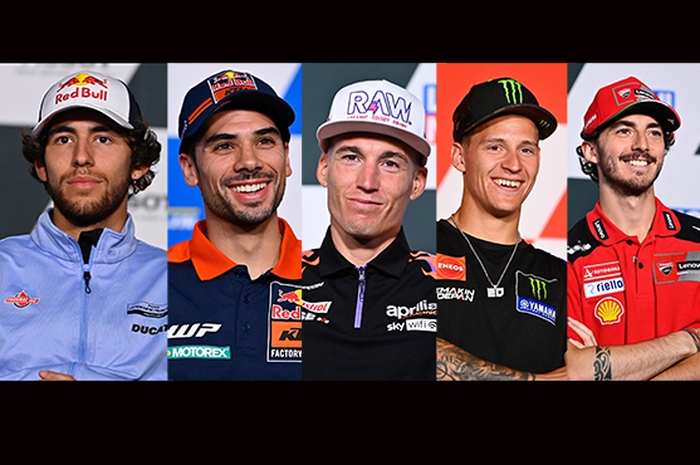 Rapor pembalap MotoGP paruh musim 2022 ada 5 pembalap Enea Bastianini (kiri); Miguel Oliveira (kedua dari kiri); Aleix Espargaro (tengah); Fabio Quartararo (ke-4 dari kiri) dan Francesco Bagnaia (paling kanan) rasakan puncak podium tahun ini