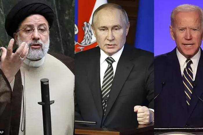 Presiden Iran Ebrahim Raisi, Presiden Rusia Vladimir Putin, dan Presiden AS Joe Biden