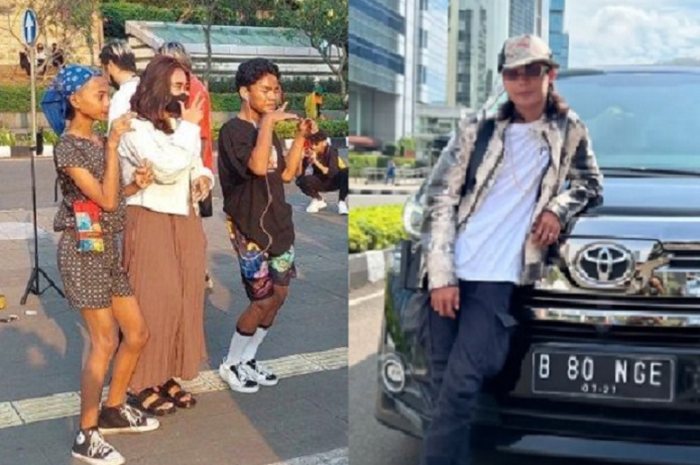 Angel Mami Citayam saat bergaya di Citayam Fashion Week pakai sepatu seharga helm NHK Gladiator. Bonge Citayam (kanan) mejeng di depan Toyota Vellfire terbaru.