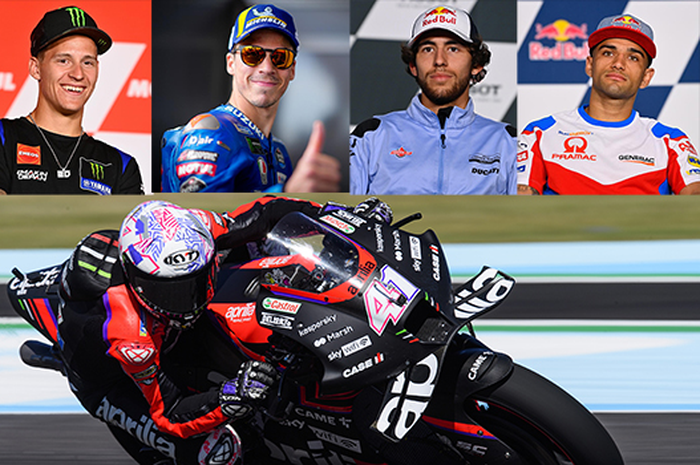 Banyak hal paling ditunggu fanatikan MotoGP jelang MotoGP Inggris 2022 pekan depan, mulai Fabio Quartararo, Joan Mir, Ene Bastianini dan Jorge Martin (deretan atas ki-ka) dan penasaran dengan motor MotoGP Aprilia RS-GP (bawah)