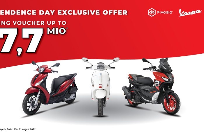 Beli motor baru Vespa, Piaggio, atau Aprilia dalam rangka HUT RI Ke-77 bisa bawa pulang shopping voucher sampai jutaan Rupiah.