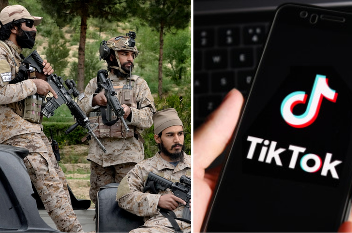Ilustrasi tentara taliban dan aplikasi TikTok 