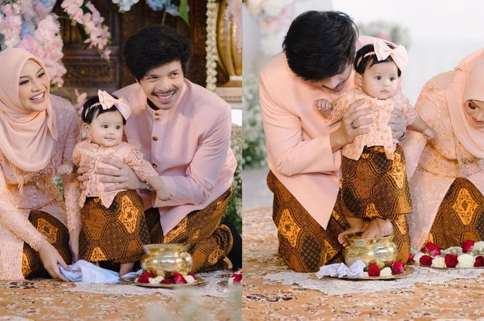 Gaya kompak Aurel Hermansyah dan Ameena saat upacara Tedak Siten. 
