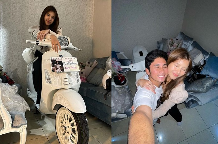 Penyanyi Tiara Andini dapat kado Vespa x Justin Bieber (kiri), Tiara Andini peluk sang pacar, Alshad Ahmad (kanan).