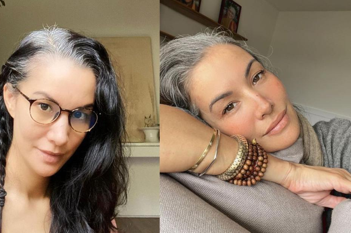 Nadya Hutagalung tetap pede dengan rambut putihnya.