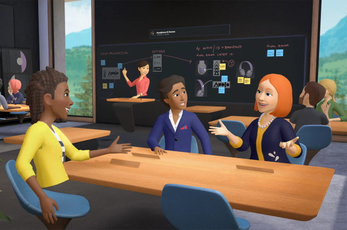 Ilustrasi kantor atau ruang kerja pada headset VR Quest.