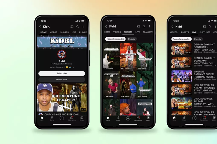 Tampilan tab Shorts, Live dan video panjang baru YouTube