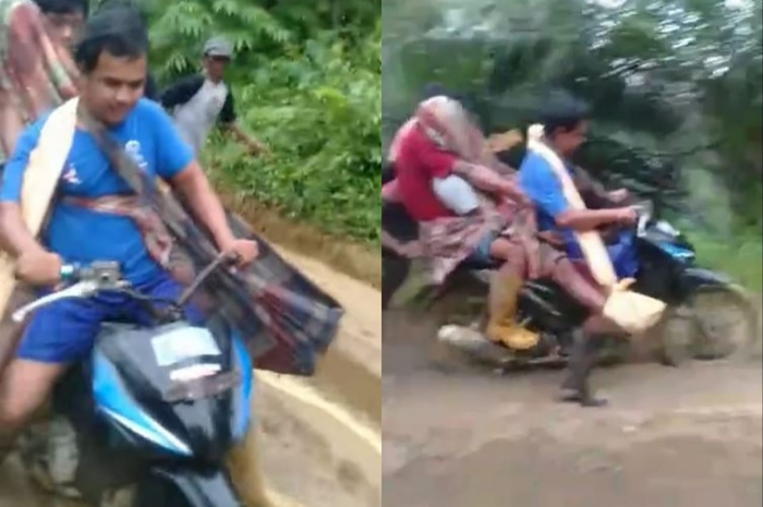 Tukang ojek motor di Pasangkayu angkut jenazah dengan diikat pakai sarung untuk lewati jalan rusak parah.