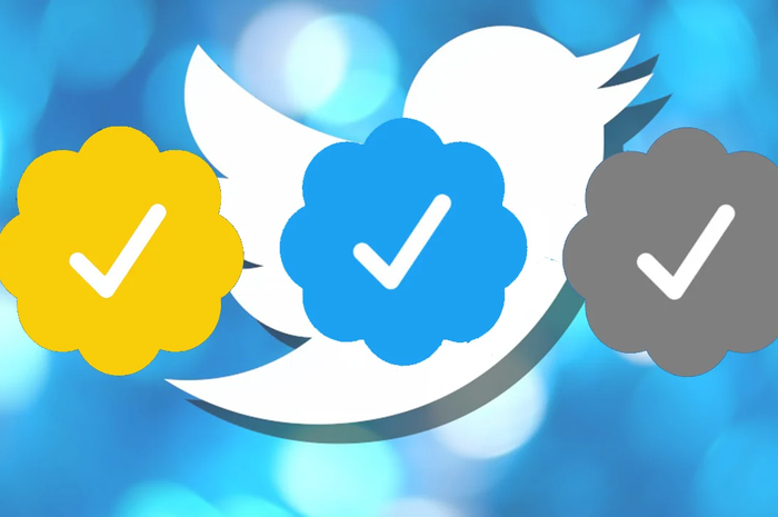 Ilustrasi tanda centang biru, emas dan abu-abu pada Twitter Blue 