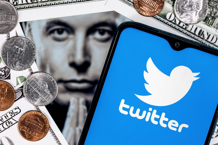 Ilustrasi logo twitter degnan background wajah Elon Musk