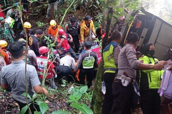 Sebuah bus rombongan wisata dari Kota Semarang masuk jurang sedalam lebih dari 10 meter di jalur maut Sarangan-Tawangmangu.