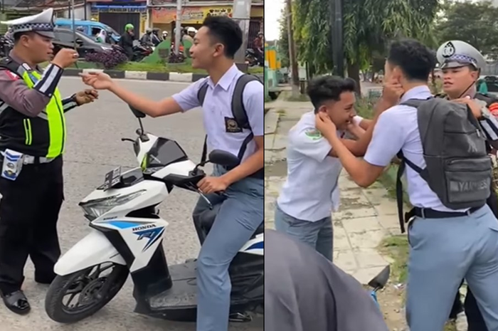 Naik motor matic Honda Vario, dua pelajar disuruh saling adu kekuatan oleh polisi karena tak pakai helm.