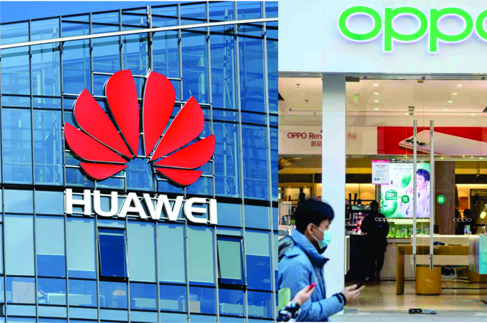 Logo Huawei (kiri) dan OPPO (kanan)