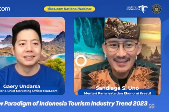 Gaery Undarsa - Co-Founder & Chief Marketing Officer tiket.com bersama Sandiaga S. Uno Menteri Pariwisata dan Ekonomi Kreatif RI dalam Webinar Nasional bertajuk new Paradigm of Indonesia Tourism Industry Trend 2023