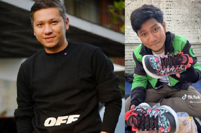 Gading Marten (kiri) banjir pujian netizen usai hadiahi driver ojol dengan akun TikTok @mzojol (kanan) sepasang sepatu keren.
