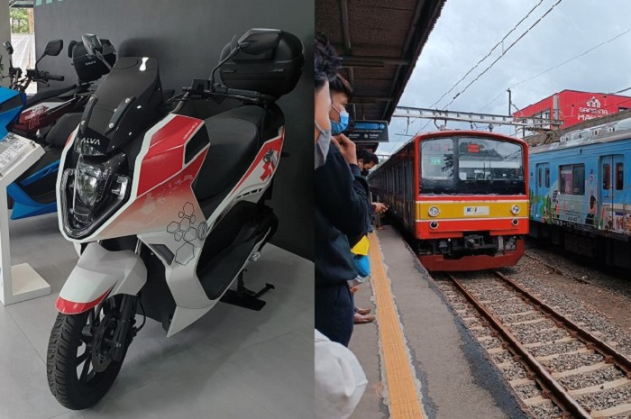 Ilustrasi motor listrik (kiri) dan KRL (kanan). Kata Walhi subsidi motor listrik sebaiknya dicabut untuk dialihkan ke tarif KRL.