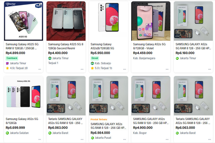 Harga hp second Samsung Galaxy A52s 5G 8/128GB di Tokopedia