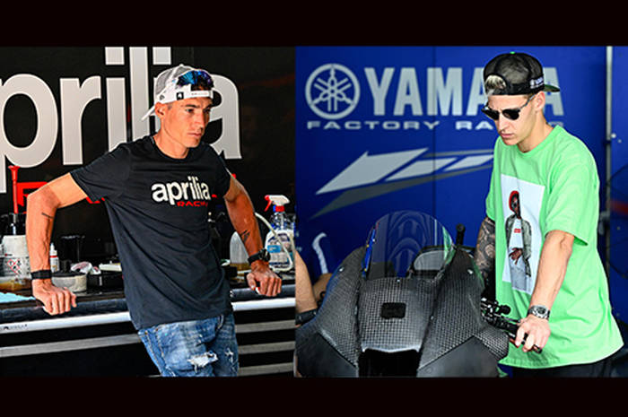 Penampakan pembalap reguler MotoGP 2023 Aleix Espargaro (kiri) dan Fabio Quartararo (kanan) di tes shakedown Sepang padahal aturannya sih bilang tidak boleh